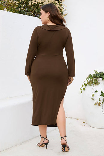 Burgundy Bodycon V-Neck Long Sleeves Plus Size Work Dress with Slit