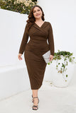 Burgundy Bodycon V-Neck Long Sleeves Plus Size Work Dress with Slit