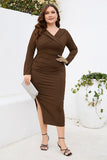 Burgundy Bodycon V-Neck Long Sleeves Plus Size Work Dress with Slit