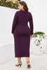 Load image into Gallery viewer, Burgundy Bodycon V-Neck Long Sleeves Plus Size Work Dress with Slit