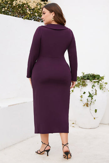 Burgundy Bodycon V-Neck Long Sleeves Plus Size Work Dress with Slit