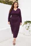 Burgundy Bodycon V-Neck Long Sleeves Plus Size Work Dress with Slit