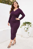 Burgundy Bodycon V-Neck Long Sleeves Plus Size Work Dress with Slit