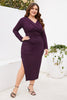 Load image into Gallery viewer, Burgundy Bodycon V-Neck Long Sleeves Plus Size Work Dress with Slit