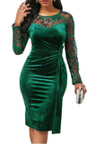 Navy Bodycon Lace Splicing Plus Size Velvet Work Dress with Long Sleeves