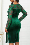 Navy Bodycon Lace Splicing Plus Size Velvet Work Dress with Long Sleeves