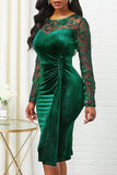 Navy Bodycon Lace Splicing Plus Size Velvet Work Dress with Long Sleeves