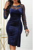 Load image into Gallery viewer, Navy Bodycon Lace Splicing Plus Size Velvet Work Dress with Long Sleeves