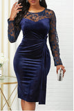 Navy Bodycon Lace Splicing Plus Size Velvet Work Dress with Long Sleeves