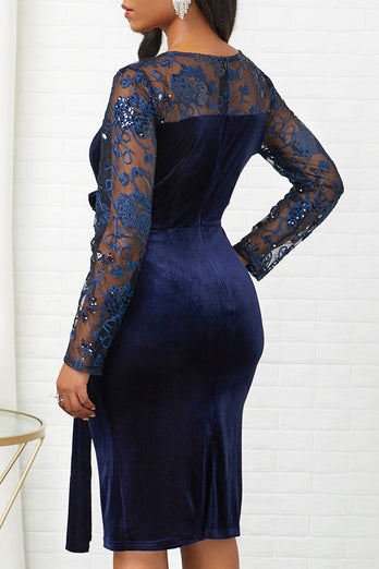 Navy Bodycon Lace Splicing Plus Size Velvet Work Dress with Long Sleeves
