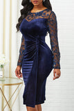 Navy Bodycon Lace Splicing Plus Size Velvet Work Dress with Long Sleeves