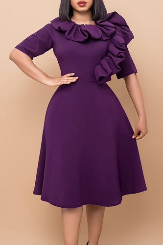 A Line Large Swing Ruffled Purple Short Work Dress