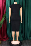 Bodycon Square Neck Midi Black Work Dress With Short Sleeves