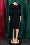 Black Bodycon Bateau Neck Pleated Knotted Work Dress With 3/4 Sleeves