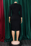 Black Bodycon Bateau Neck Pleated Knotted Work Dress With 3/4 Sleeves