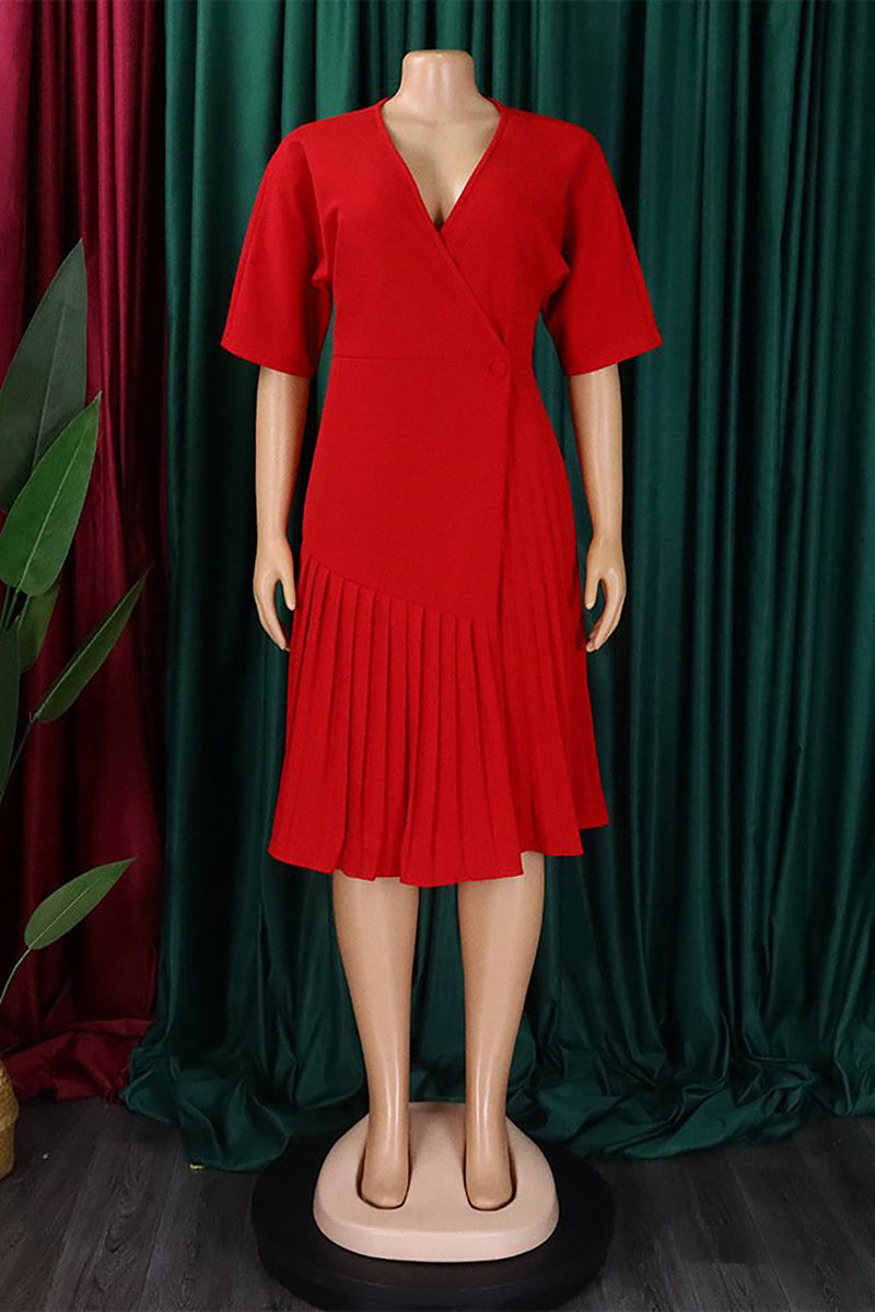 Load image into Gallery viewer, Black V Neck Pleated A Line Midi Work Dress With Short Sleeves
