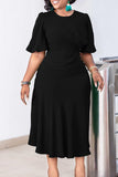 Black Round Neck Ruched Short Sleeves Work Dress