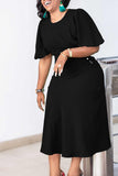 Black Round Neck Ruched Short Sleeves Work Dress