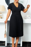 A-Line Black V-Neck Ruched Work Dress With Ruffle sleeves