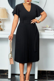A-Line Black V-Neck Ruched Work Dress With Ruffle sleeves