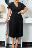 A-Line Black V-Neck Ruched Work Dress With Ruffle sleeves