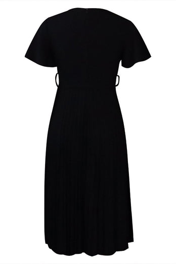 A-Line Black V-Neck Ruched Work Dress With Ruffle sleeves
