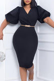 Bodycon Black V-Neck Work Dress With Puff Sleeves