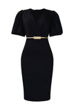 Bodycon Black V-Neck Work Dress With Puff Sleeves