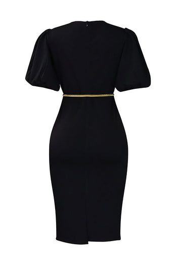 Bodycon Black V-Neck Work Dress With Puff Sleeves