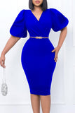 Bodycon Black V-Neck Work Dress With Puff Sleeves