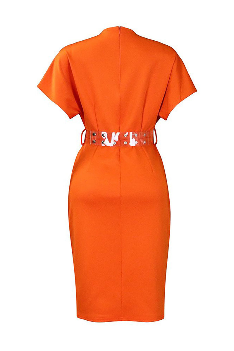 Load image into Gallery viewer, Bodycon V Neck Slit Orange Work Dress With Belt
