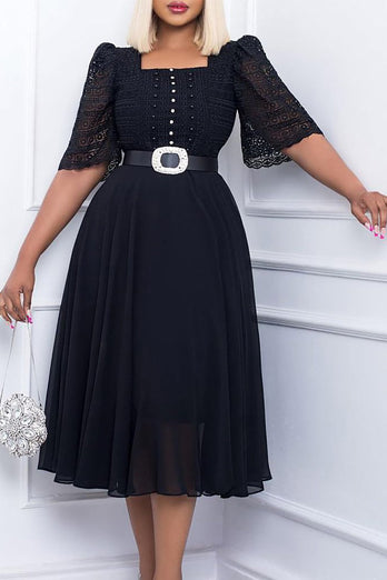 A Line Patchwork Beaded Black Work Dress With Belt
