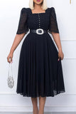 A Line Patchwork Beaded Black Work Dress With Belt