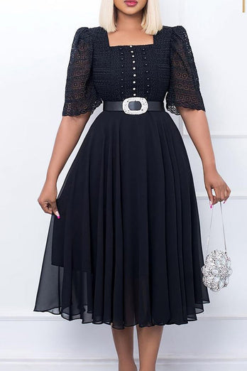 A Line Patchwork Beaded Black Work Dress With Belt