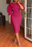 Bodycon Round Neck Fuchsia Work Dress With Puff Ruffle Sleeves