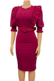 Bodycon Round Neck Fuchsia Work Dress With Puff Ruffle Sleeves