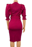 Bodycon Round Neck Fuchsia Work Dress With Puff Ruffle Sleeves