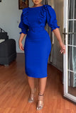 Bodycon Round Neck Fuchsia Work Dress With Puff Ruffle Sleeves