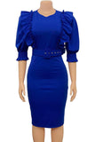 Bodycon Round Neck Fuchsia Work Dress With Puff Ruffle Sleeves