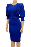 Bodycon Round Neck Fuchsia Work Dress With Puff Ruffle Sleeves