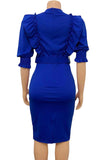 Bodycon Round Neck Fuchsia Work Dress With Puff Ruffle Sleeves