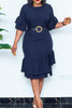 Load image into Gallery viewer, Navy Bodycon Round Neck Work Dress With Short Sleeves