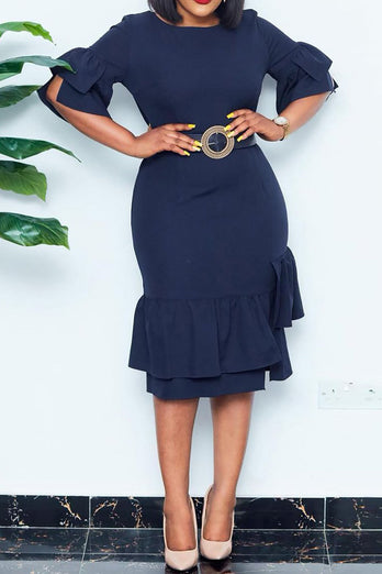 Navy Bodycon Round Neck Work Dress With Short Sleeves