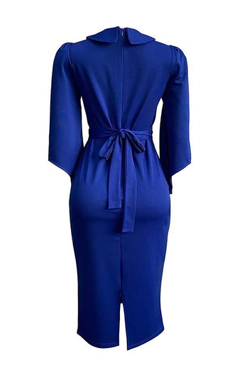 Navy Bodycon 3/4 Sleeves Midi Work Dress With Button