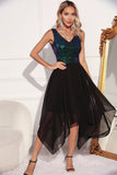 Black Green Sequin A-line Sleeveless Asymmetrical Cocktail Dress