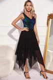 Black Green Sequin A-line Sleeveless Asymmetrical Cocktail Dress