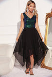 Black Green Sequin A-line Sleeveless Asymmetrical Cocktail Dress