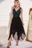 Black Green Sequin A-line Sleeveless Asymmetrical Cocktail Dress