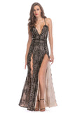 Black Spaghetti Strap Deep V-neck Long Evening Dress