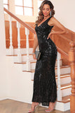 Black Sequin V-neck Sleeveless Mermaid Long Evening Party Dress